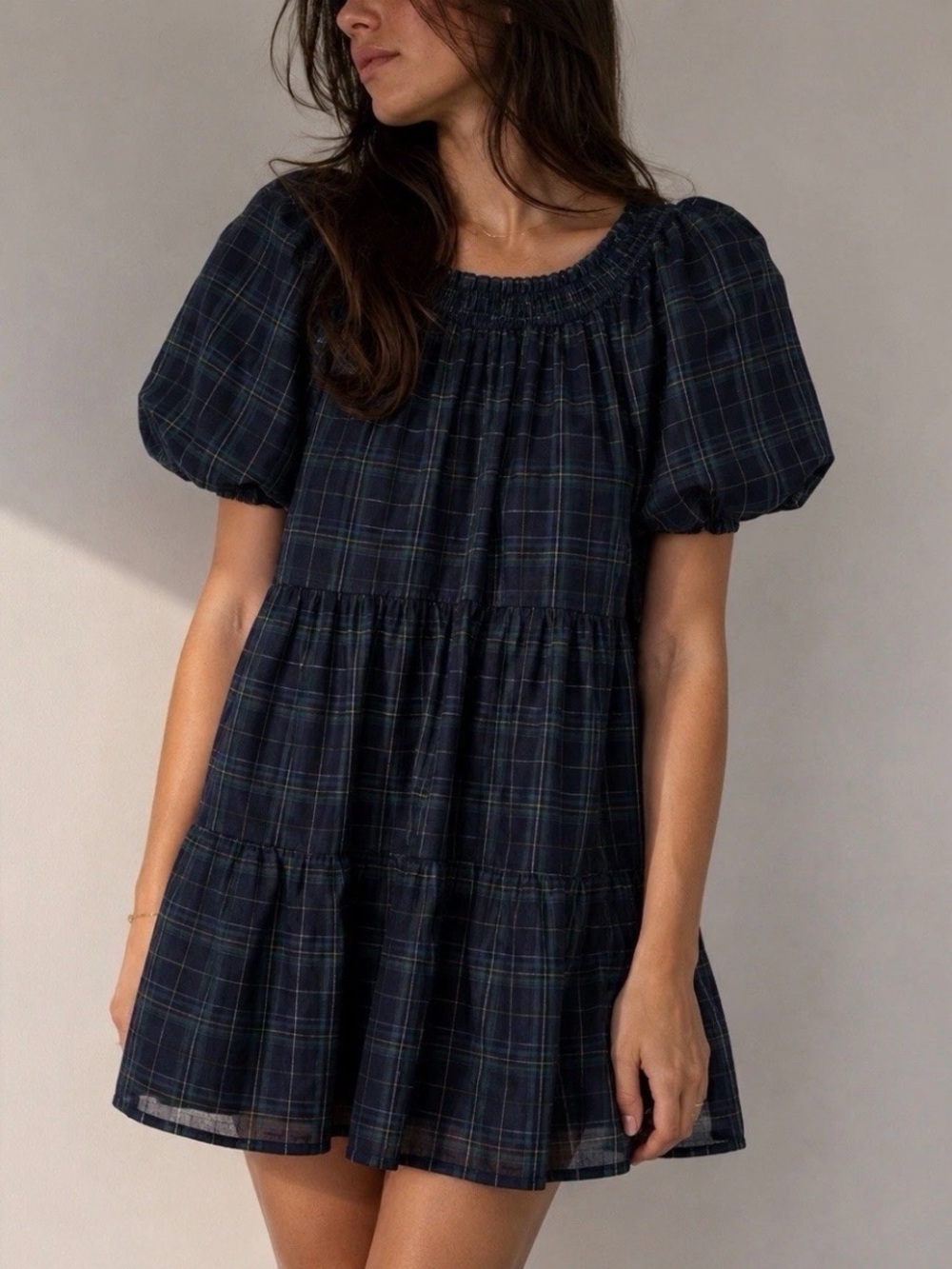 Marie Oliver Navy Plaid Silk Puff Sleeve Tiered Babydoll Dress XS Cottage